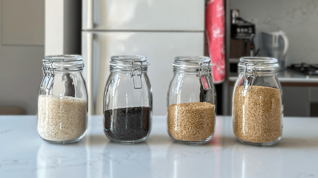Four large glass jars containing white rice, purple riceberry, brown rice, and quinoa on a white kitchen island.