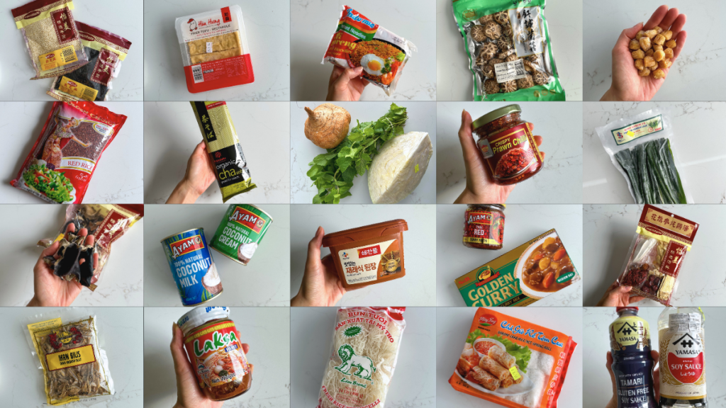 A colorful grid collage showcasing a wide variety of Asian grocery products available in Sydney, including assorted noodles, curry pastes, dried medicinal herbs, fresh vegetables, and pantry sauces.