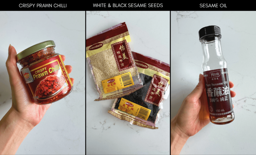 Essential Asian condiments and finishing touches including crispy prawn chilli, white and black sesame seeds and sesame oil.