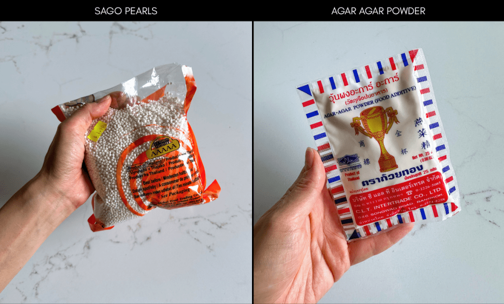 Asian dessert ingredients featuring a packet of plant based agar powder and a bag of sago pearls.