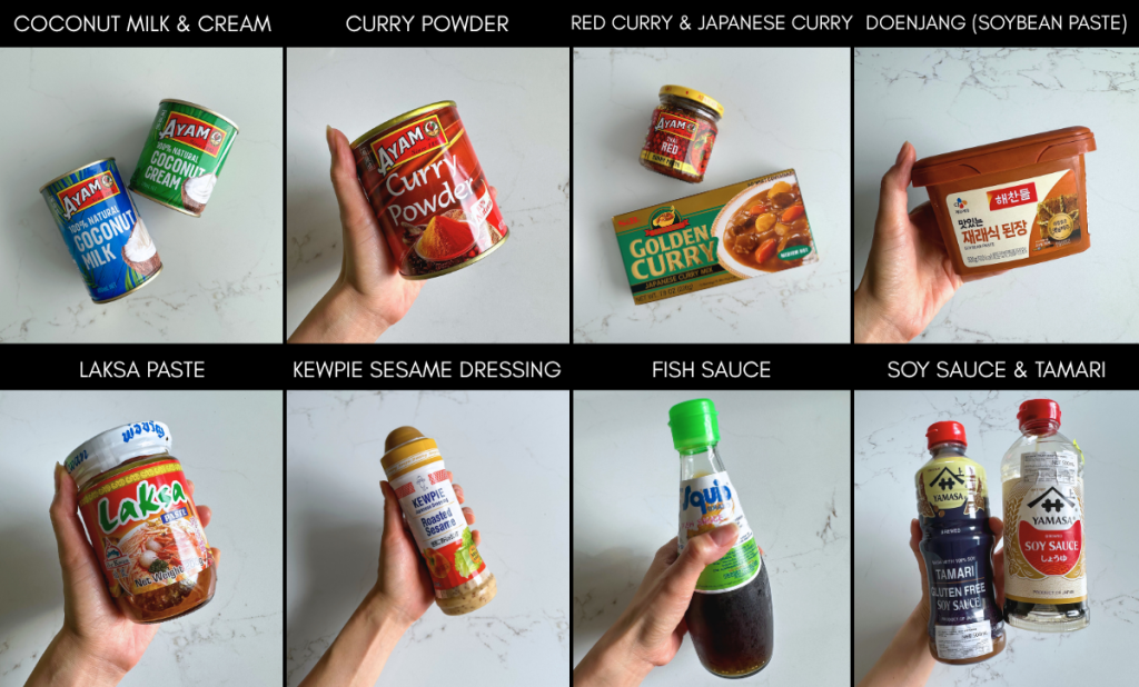 A grid of Asian cooking bases featuring coconut milk & coconut cream, Ayam curry powder, Doenjang paste, Thai red curry paste, Japanese golden curry, laksa paste, Kewpie roasted sesame dressing, fish sauce, soy sauce and tamari.