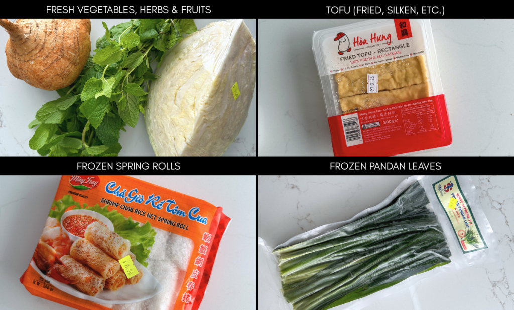A selection of fresh and frozen Asian grocery items including jicama, mint, white cabbage, fried tofu rectangles, frozen pandan leaves, and Vietnamese rice net spring rolls.