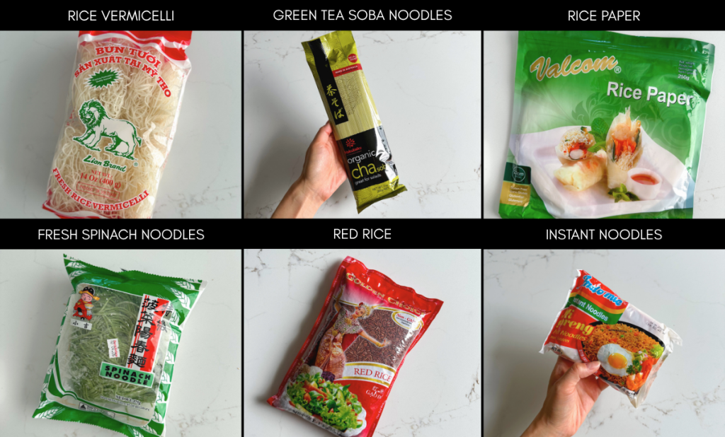 A collage of Asian rice and noodle staples including rice vermicelli, green spinach noodles, tea soba noodles, rice paper, uncooked red rice, and instant Mi Goreng.