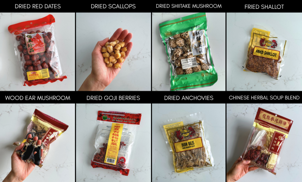 A collection of dried goods for umami and wellness featuring red dates, dried scallops, dried shiitake mushrooms, fried shallot, wood ear mushrooms, goji berries, anchovies, scallops, and a traditional Chinese herbal soup blend.