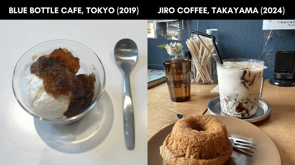 A split image showing coffee jelly served with ice cream at Blue Bottle Cafe in Tokyo (2019) and coffee jelly in milk at Jiro Coffee in Takayama (2024).
