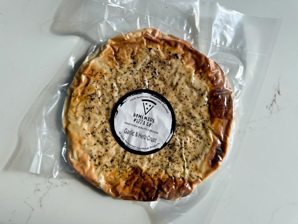 A vacuum-sealed 48-hour fermented sourdough Garlic and Herb Crust from Homemade Pizza Co.