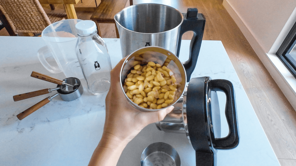 A hand holding a small stainless steel cup filled with soaked, plump yellow soybeans, positioned over a silver Mylky machine on a white marble kitchen bench.