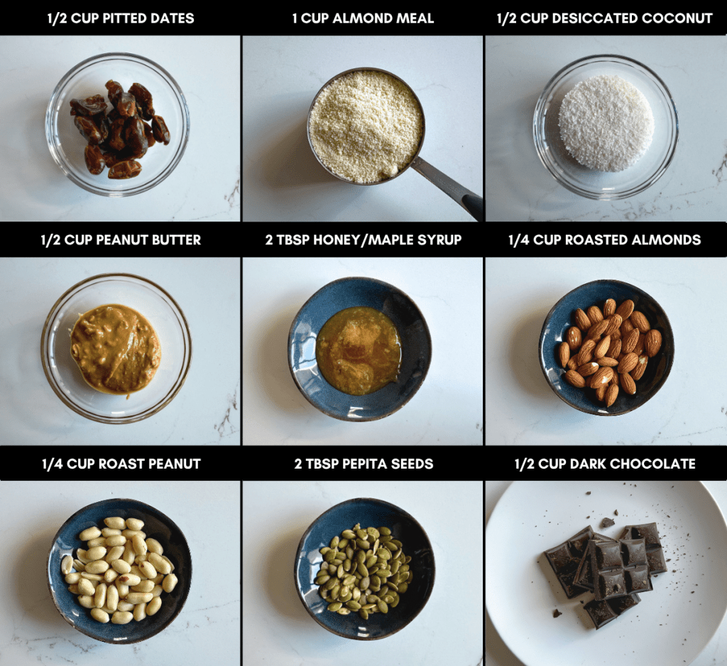A nine-panel flat lay grid showcasing pre-measured ingredients for homemade healthy chocolate nut bars, including dates, peanut butter, almond meal, and pepitas.